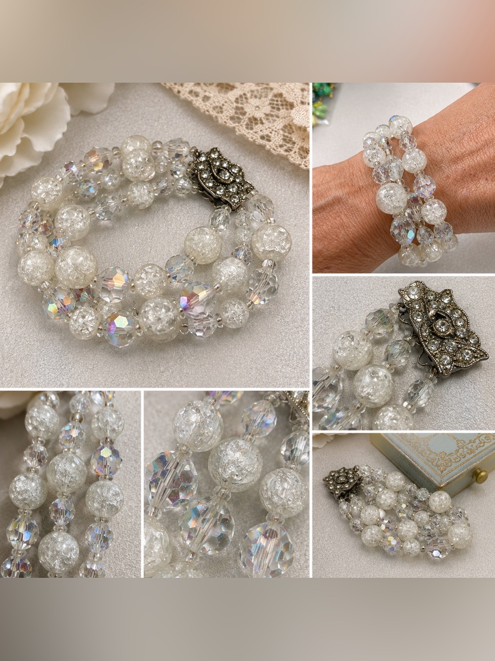 Vintage White Crackle Lucite and AB Crystal Triple-Strand Bracelet
